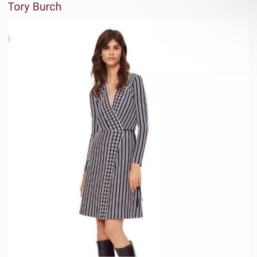 TORY BURCH | Jacquard Striped Navy Blue Long Sleeve Wrap Dress Women’s Size M